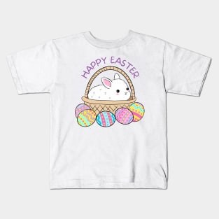 Happy Easter Day Cute Easter bunny in a basket with Easter eggs Kids T-Shirt